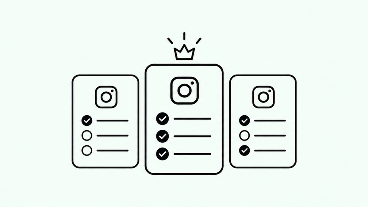Three Instagram tool cards side by side, with a crown over the one that ticks every box
