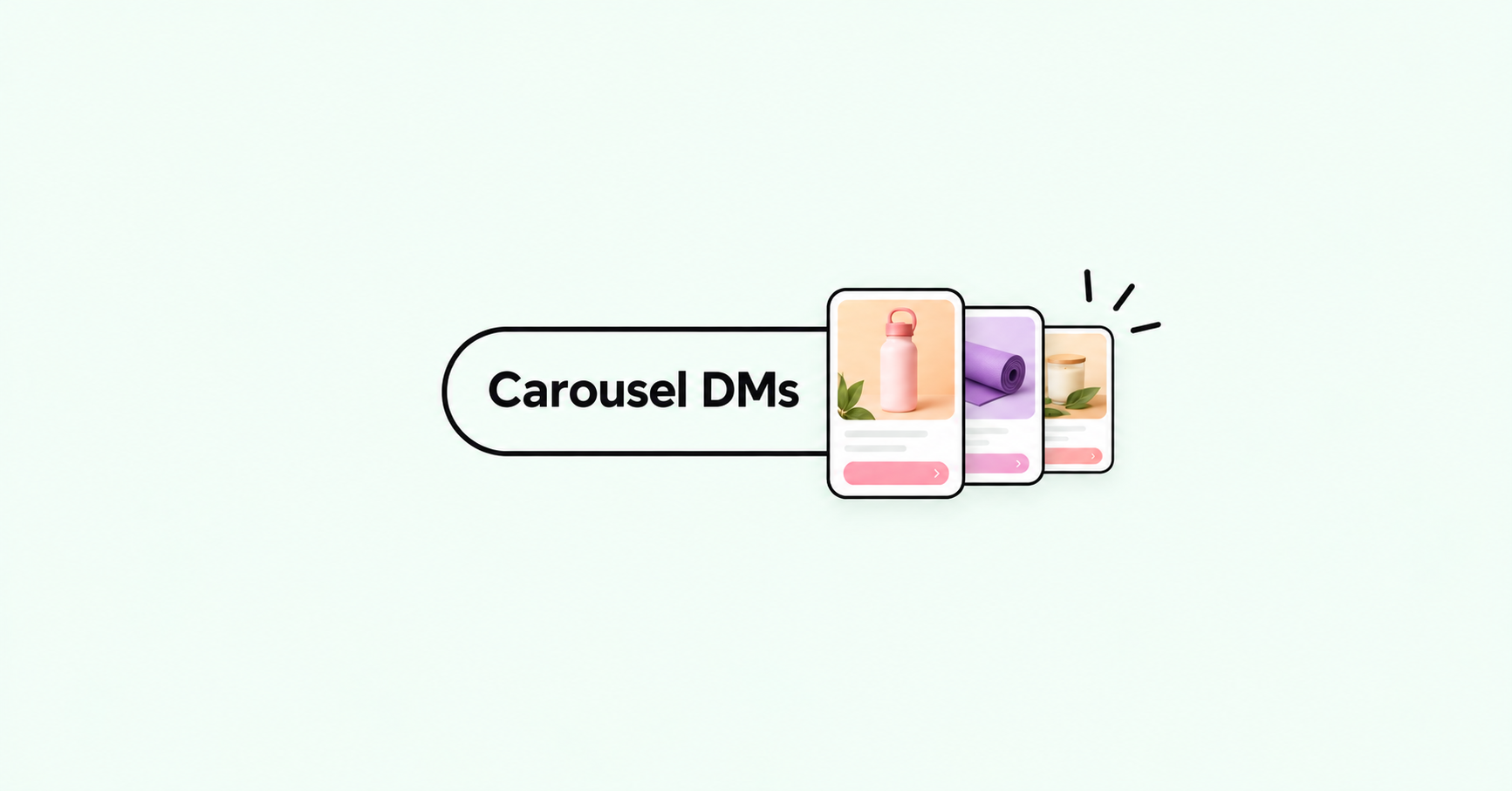 Three swipeable product cards, each with a photo, a caption and a button, beside the words Carousel DMs