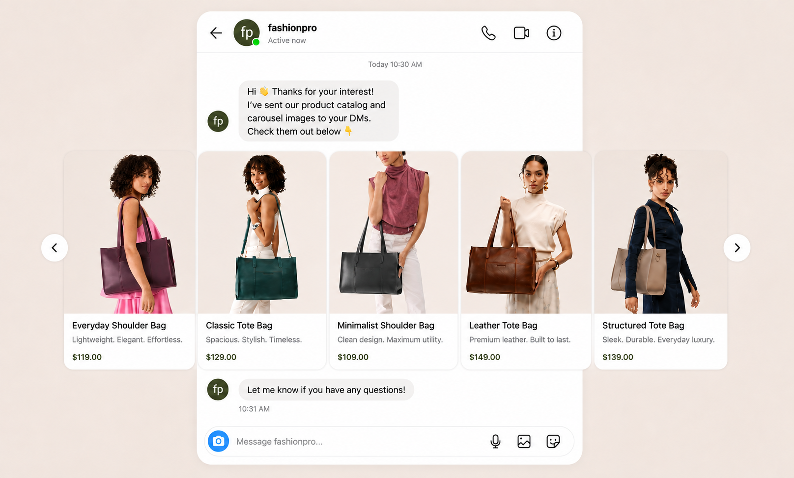 An Instagram DM thread: an automated greeting followed by a swipeable carousel of five leather bags, each with its name, description and price.