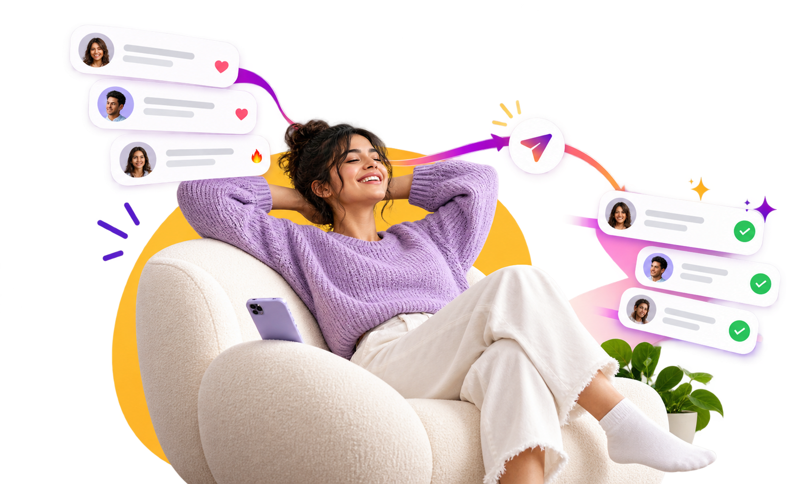 A woman relaxing in an armchair with her hands behind her head, while comments flow in on one side and sent DMs with green ticks appear on the other.